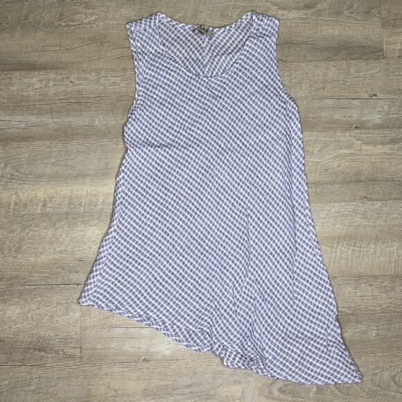 FLAX 100% Linen Purple Gingham Check Sleeveless Asymmetric Hem Tunic Size Medium - Picture 1 of 8